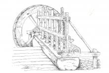 Ricostruzione dell'impianto di pestatura alimentato ad acqua, disegno di Robert Moroder, 1991